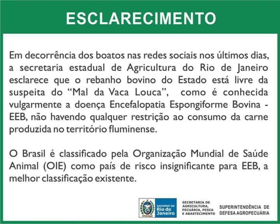 SES esclarece que não há registros de Mal da Vaca Louca no estado